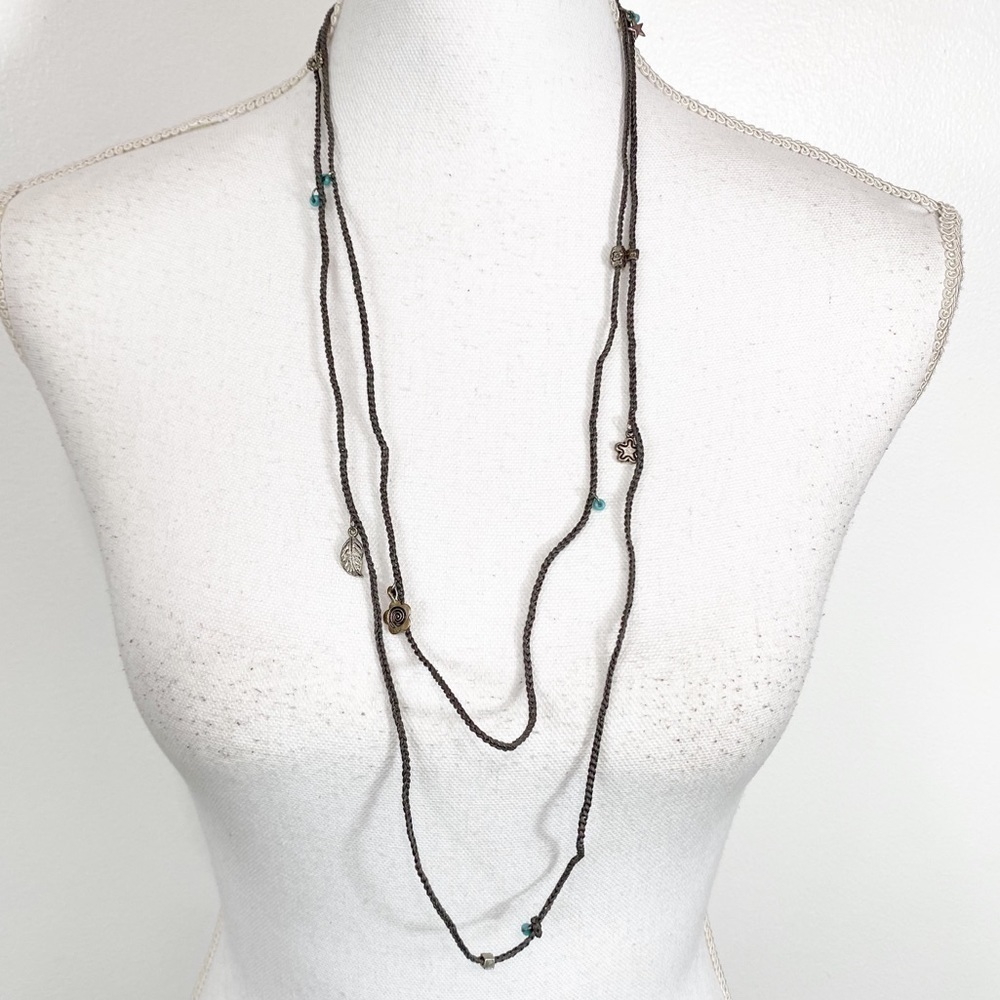 Necklace Long Brown Rope and Jade Tone Bead